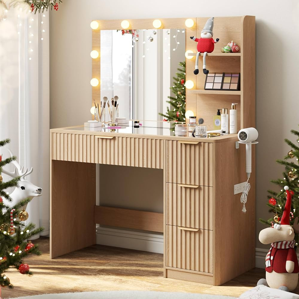 36" Makeup Vanity Desk with Mirror & LED Lights, Fluted Vanity Table with 4 Drawers, Tempered Gla... | Amazon (US)