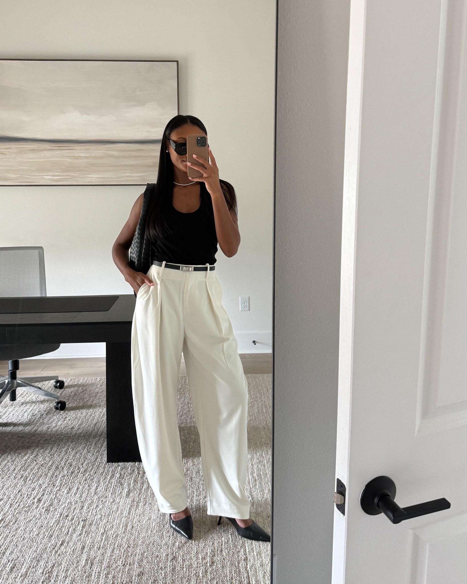 Today’s outfit | aviator sunglasses, black knit halter top, barrel leg pants, black slingback pumps, spring outfits, black and white outfit, neutral style, black shoulder bag

#LTKgrwm #LTKootd #LTKSeasonal