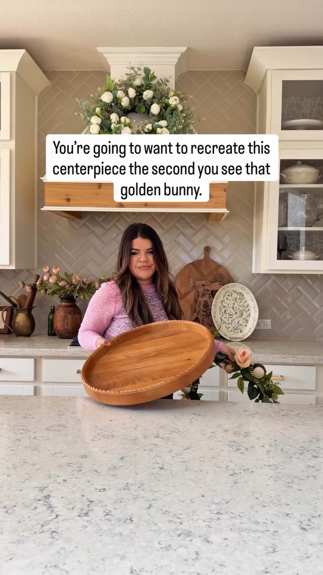 Comment Bunny for 🔗 ✨ You’re going to want to recreate this the second you see that golden bunny…

I used the My Texas House Easter garland as the base and layered in a few of my favorite neutral spring pieces and it instantly made my table look styled and high-end.

This is one of those Easter centerpieces that looks like it came straight out of a designer catalog… but it’s actually affordable and easy to recreate.

Perfect for:
• Easter brunch
• Spring hosting
• Everyday spring decor
• A quick 5-minute refresh

The golden bunny is the moment though 🤍