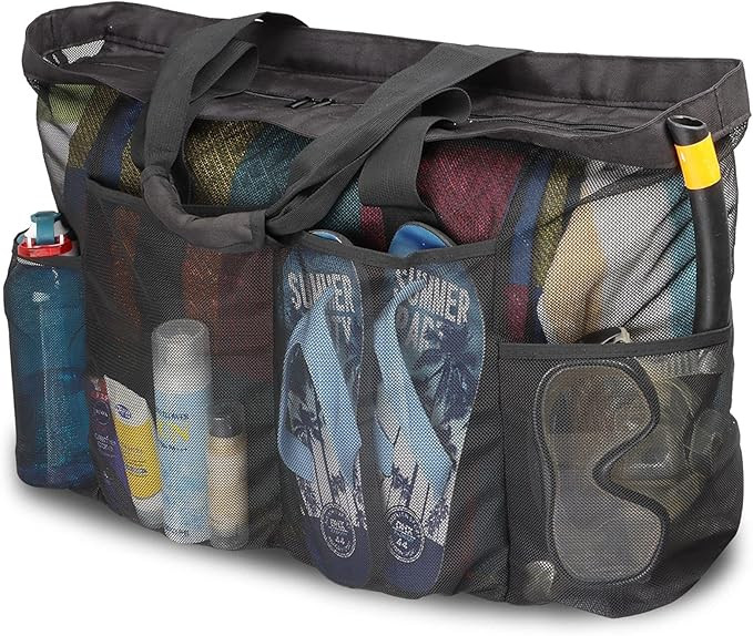 Extra Large Beach Bag, XL Mesh Tote with Zipper and Pockets Ideal for Your Family Beach Trip | Amazon (US)