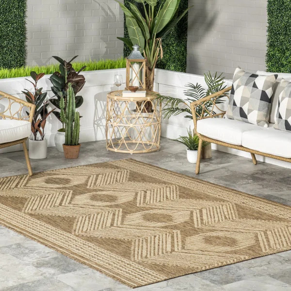 Kendall Geometric Indoor / Outdoor Patio Area Rug in Tan | Wayfair North America