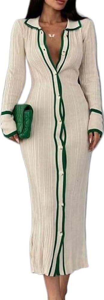 RanRui Women Long Sleeve Knit Dress Stripe Botton Down Knitted Dress Cardigan Sweater Dresses Rib... | Amazon (US)