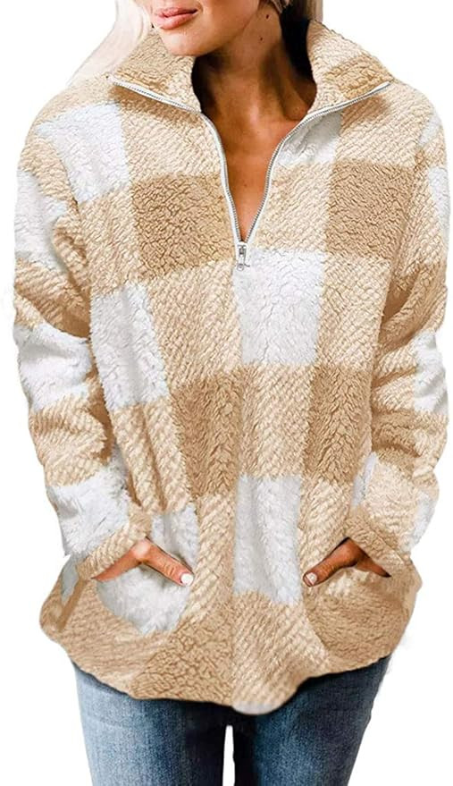MEROKEETY Women's Plaid Sherpa Fleece Zip Sweatshirt Long Sleeve Pullover Jacket | Amazon (US)