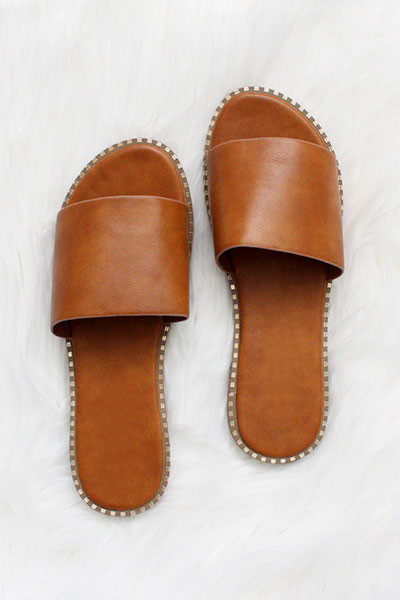 Single Band Gold Trim Sandals Slides-Tan Brown | Fashion Junkee