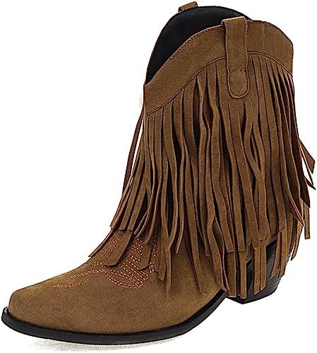 Tscoyuki Women's Western Tassel Cowboys Ankle Boots, Retro Embroidery Pointy Toe Chunky Block Hee... | Amazon (US)