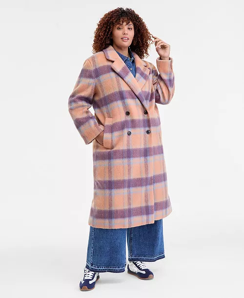 On 34th Women's Brushed Plaid Double-Breasted Coat, Macy's Exclusive - Macy's | Macy's