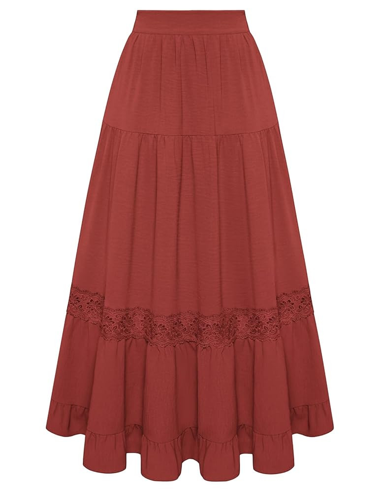 Belle Poque Women's Midi Skirt Boho Flowy Spring Summer Elastic Waist Aline Ruffle Lace Tiered Sk... | Amazon (US)
