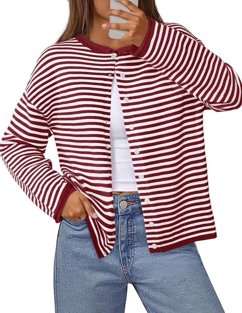 MEROKEETY Womens Striped Cardigan Sweaters 2026 Button Lightweight Long Sleeve Loose Knit Fall Sw... | Amazon (US)