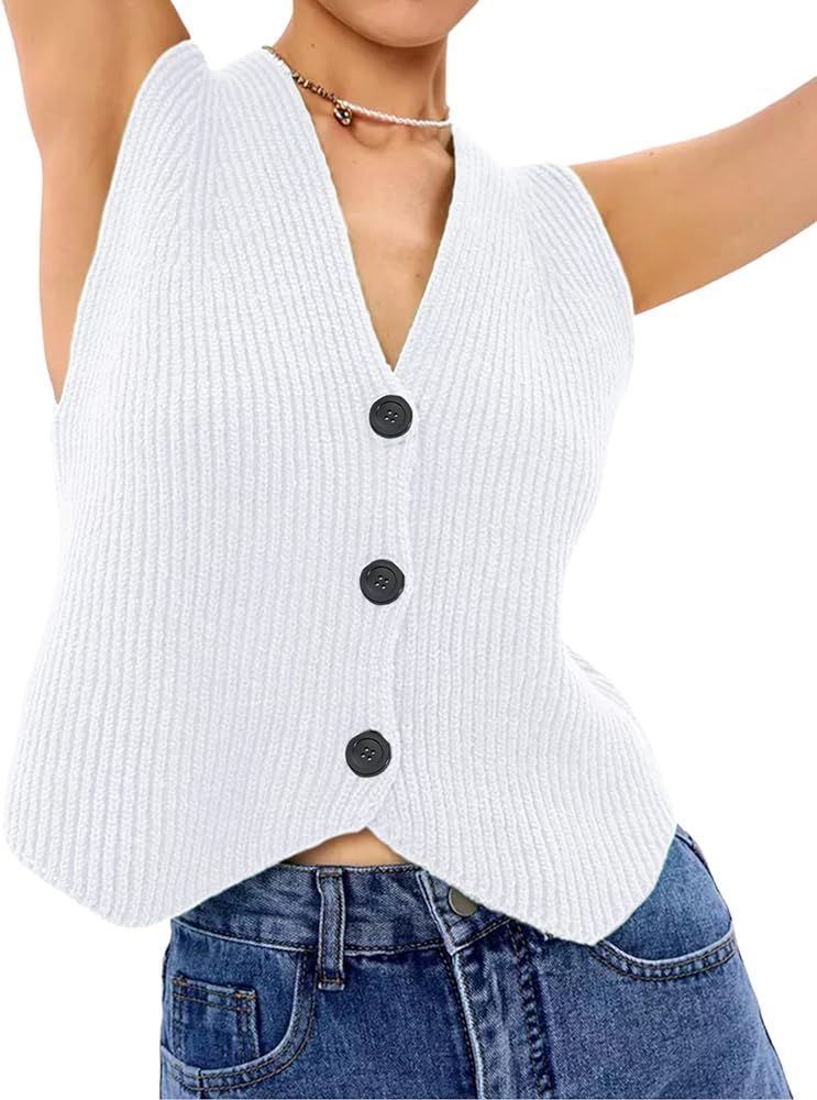 Athlisan Womens Casual Sleeveless Knit Vest Loose Button Down V Neck Stripe Fashion Tops | Amazon (US)