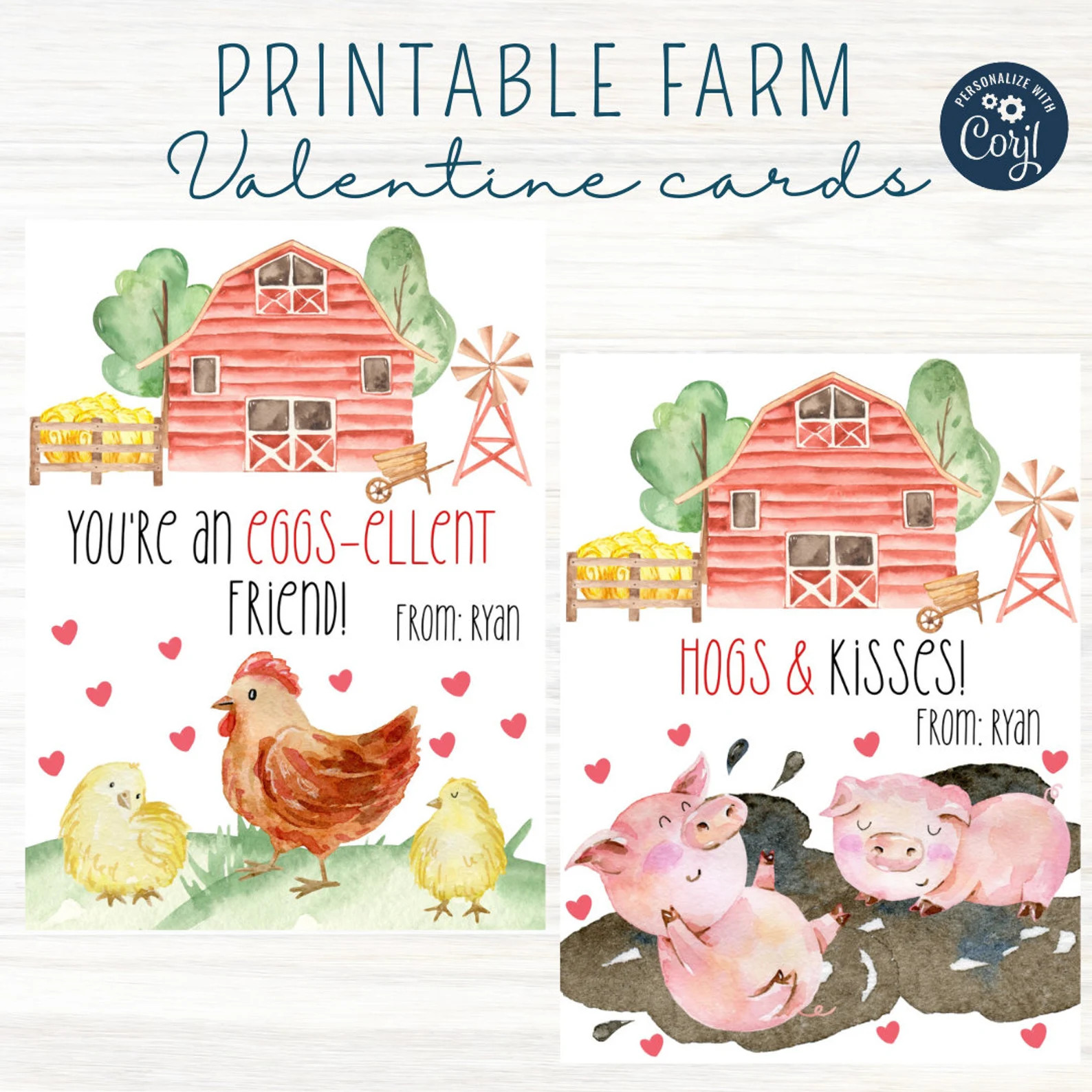 Farm Animals Valentine Cards,barnyard Valentines,kids Valentine Cards,farmvalentine Printable Car... | Etsy (US)