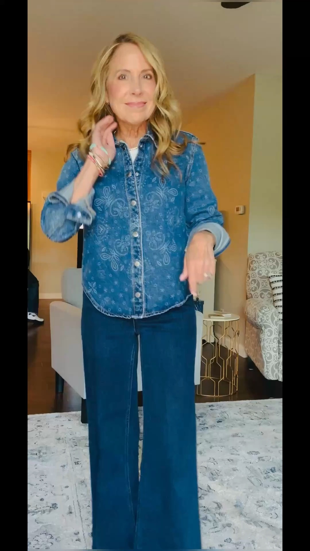 Denim on denim! 

The top can be worn as a shirt or as a jacket. I chose to wear it as a shirt last night. I’m wearing a size extra small.

The denim is the target wide leg denim that they have in several different washes and I own most of them. I’m wearing a size 2.