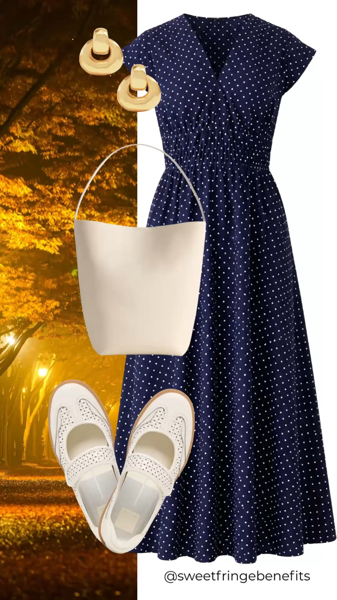 This navy polka-dot dress is an easy choice when you want to look polished without overthinking it. The defined waist and flowing midi silhouette pair beautifully with simple white sneakers and a neutral tote for comfortable everyday style.

💡 LTK MADE EASY
❤️ Heart = Support my posts!
🔖 Save = Get sale & restock alerts
📋 Lists = Keep favorites organized
📲 Share = Send lists and products to a friend. Hello, Christmas List!
💬 Comment = Ask me anything about what I'm wearing.:-)

#LTKootd #LTKSeasonal #LTKOver40