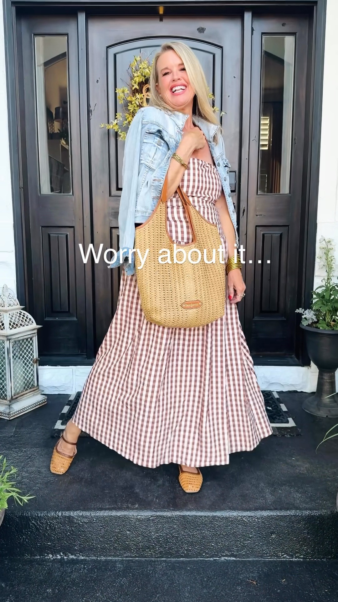 Country Girl
Gingham dress🤍

Amazon Find✔️
The cutest brown checked strapless dress, perfect for farmers markets, picnics, country fairs, music in the mountains ,
Sunday drives and brunch.

-Dress I ants and under $30
-Cane and leather Mary Jane’s 
tts 

Kut from the kloth denim Jacket 
Tts
-Eric Javis stare and leather bag comes with a tote for make up 
-Budhagirl bracelet 
#LTKFindsUnder50 #LTKStyleTip

#LTKdayinmylife #LTKootd #LTKOver40