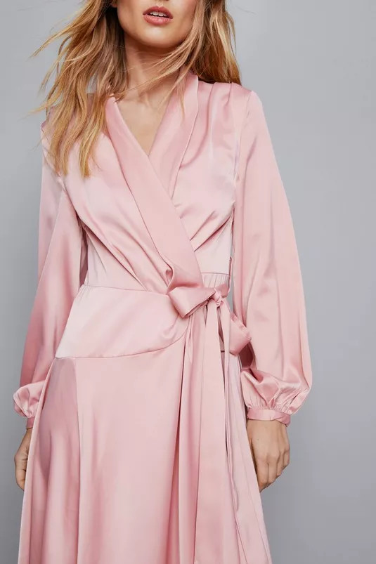 Satin Long Sleeve Midi Wrap Dress | Nasty Gal (US)