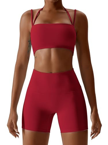 IMEKIS Workout Sets for Women: 2 Piece Yoga Outfit Matching Clothing Tracksuits High Waisted Running Biker Shorts with Sport Bra Shirts Exercise Clothes Athletic Gym Active Wear B - Cherry Red Small | Amazon (US)