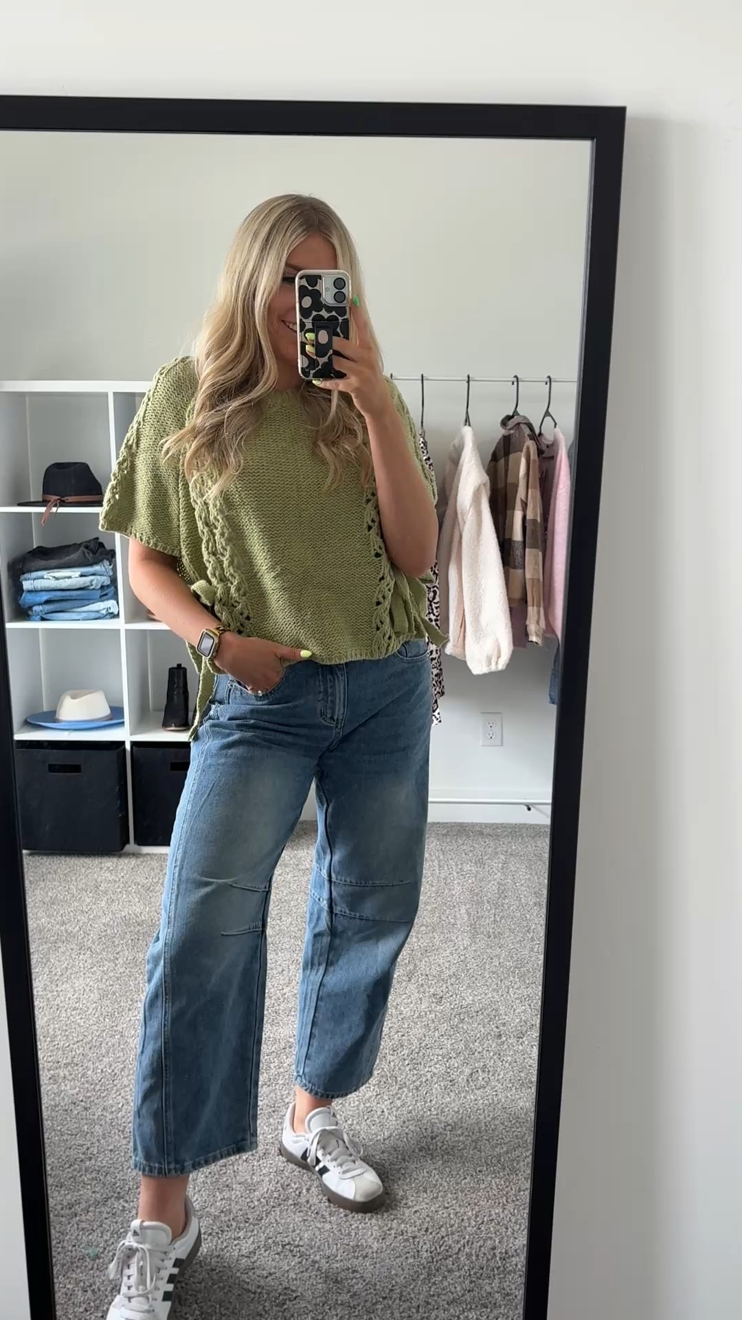 green knit top: wearing XS 
jeans: size down one to S
adidas: true to size 

| spring outfit | spring top | summer outfit | green top | spring fashion | amazon fashion 

#LTKFindsUnder100 #LTKSeasonal