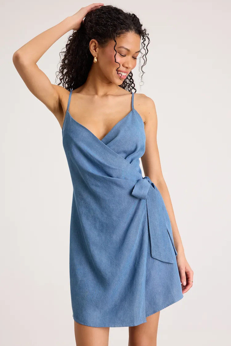 Neya Blue Chambray Wrap Mini Dress | summer vacation dresses  | Lulus