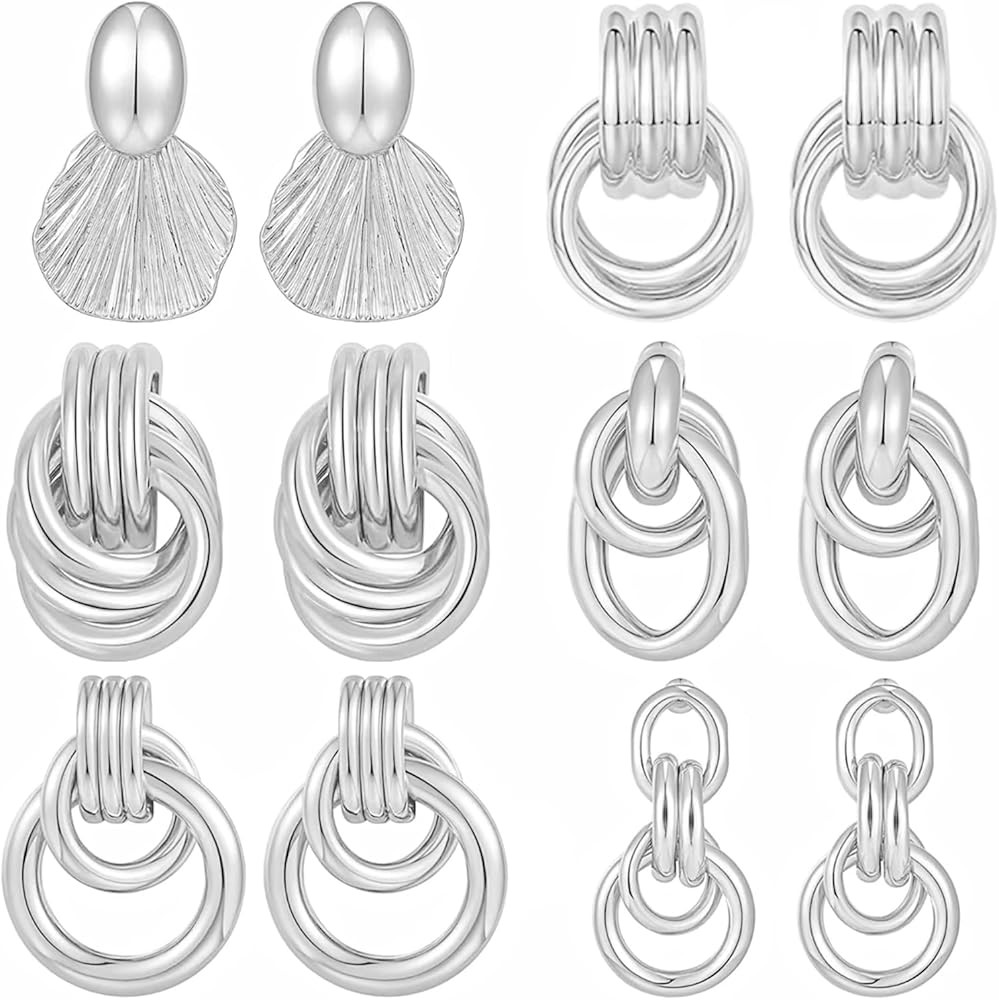 6 Pairs Gold Earrings for Women, 14 K Gold Plated Knot Earrings for Women Hypoallergenic Thick Li... | Amazon (US)