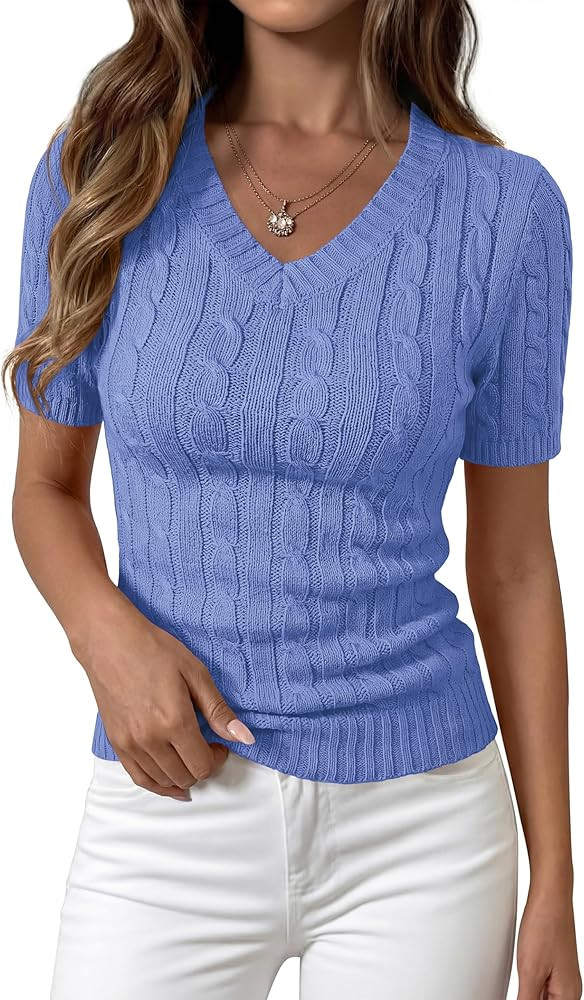 PRETTYGARDEN Womens Summer Short Sleeve Sweater Cable Knit V Neck Sweaters Shirts Fitted Work Top... | Amazon (US)
