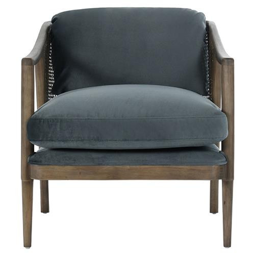 Stami Rustic Lodge Brown Wood Grey Upholstered Cushion Accent Chair | Kathy Kuo Home