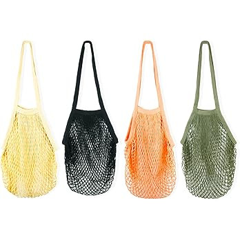 [4 Pack] Premium Mesh Grocery Bags, Reusable Produce Bags, Long Handle Net Tote Bags, 100% Cotton... | Amazon (US)