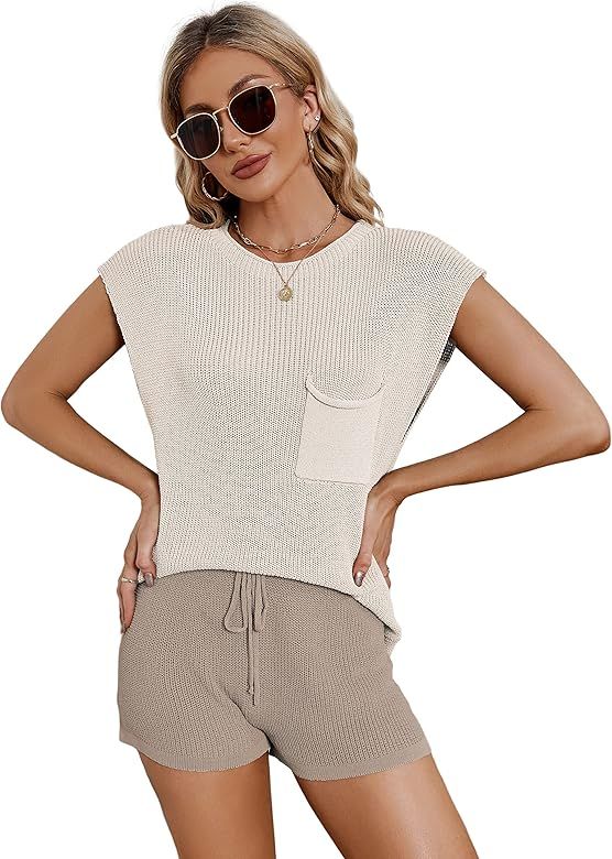 Xiaoxuemeng Womens 2 Piece Sweater Sets Summer Knit Tank Top and Shorts Lounge Sets | Amazon (US)