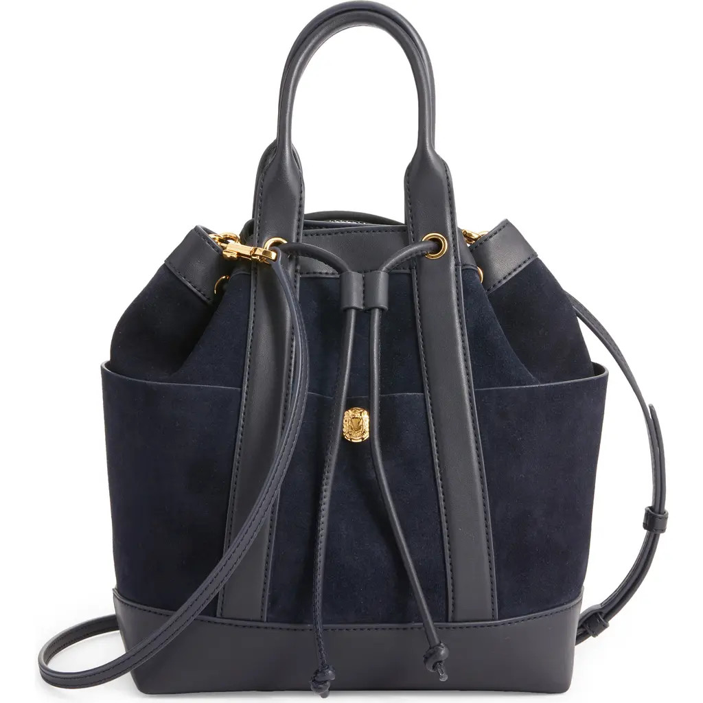 Veronica Beard Goody Suede & Leather Bucket Bag in Navy at Nordstrom | Nordstrom