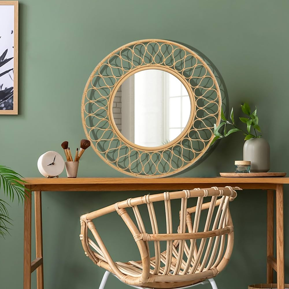 Farmhouse Rattan Mirror, Decorative Wicker Mirror for Living Room, Boho Round Mirror for Foyer, B... | Amazon (US)