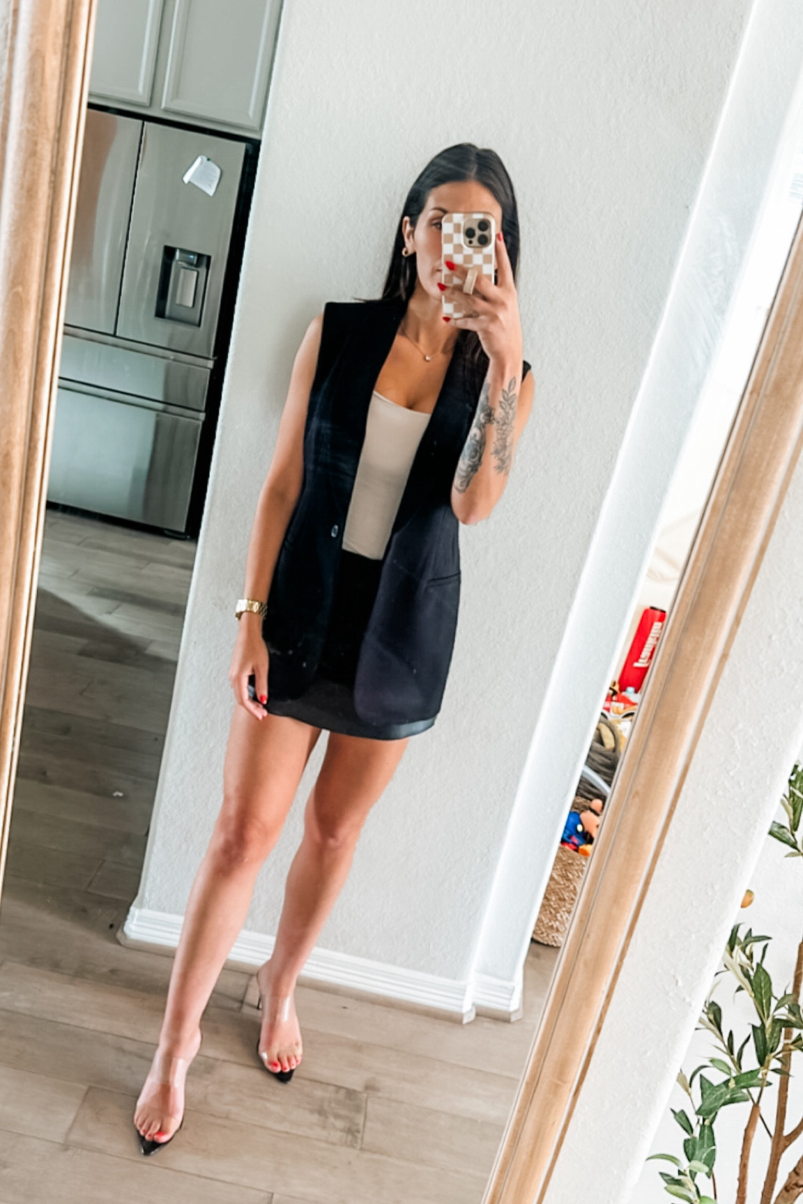 Summer Work Outfit 🖤🫶🏼 this leather skort is the GOAT… I wear it with heels for work or sneakers and a cute tee. Super comfy. 
Shoes are the usual faves from Amazon, they come in nude too!


Work outfits, trendy summer work friendly finds, blazer girlie, clear heels 

#LTKstyletip #LTKfindsunder100