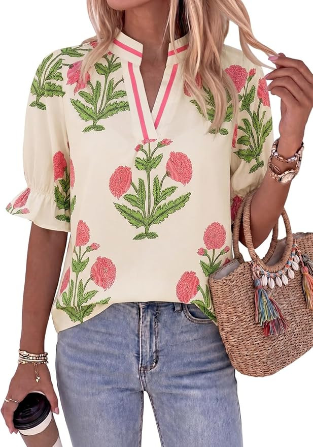 Cicy Bell Womens Summer Floral Blouses Puff Ruffle Sleeve V Neck Boho Shirts Dressy Casual Flowy ... | Amazon (US)