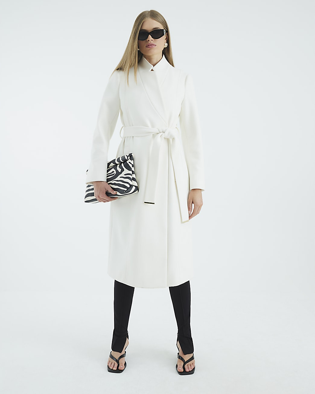 Cream Notch Collar Belted Wrap Coat | River Island UK & IE