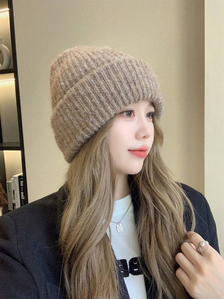1pc Women Knitted Hat, Thick Warm Fuzzy Knitted Hat For Autumn & Winter, Fashionable Solid Color Versatile Windproof Hat, Adjustable Beanie | SHEIN