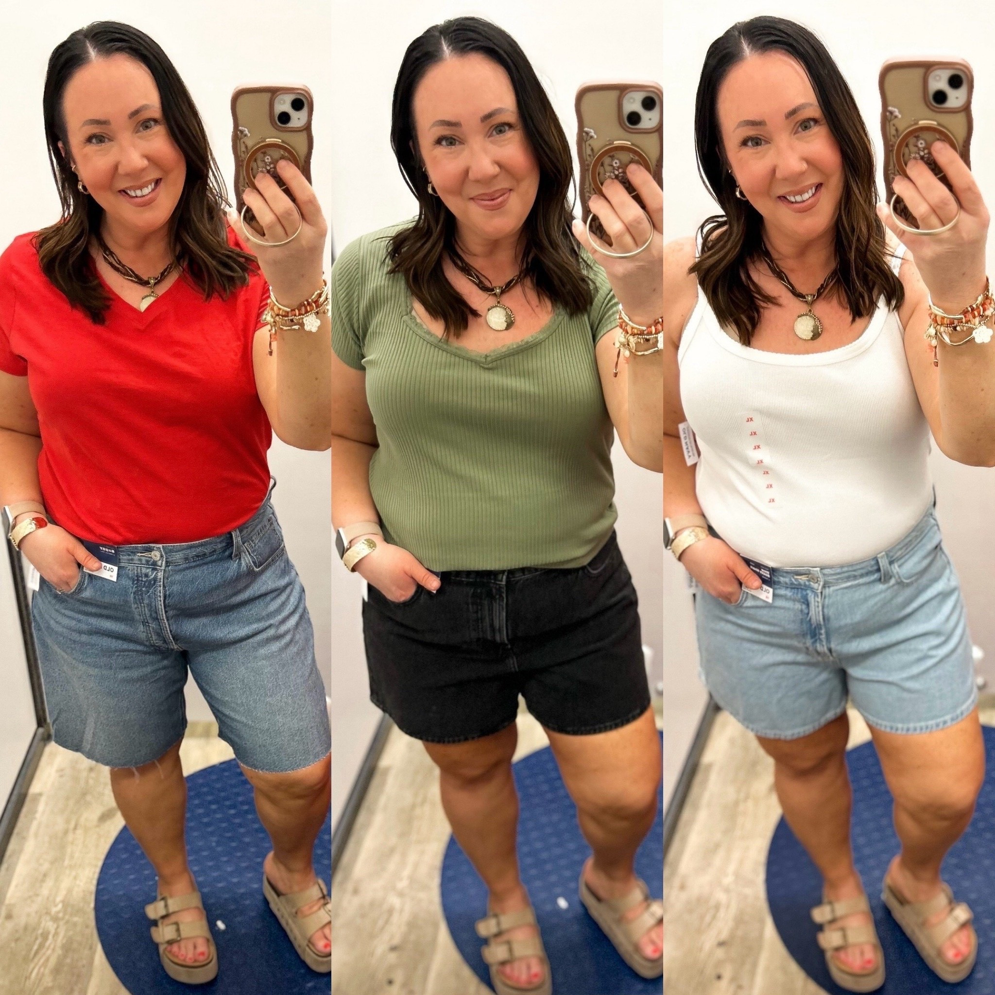 Old Navy denim shorts 50% off through 5/22! Size 16 in all 3! Midsize and midlife approved!
Large v neck tee. XL ribbed top. XL tank top.

#LTKMidsize #LTKSaleAlert #LTKOver40