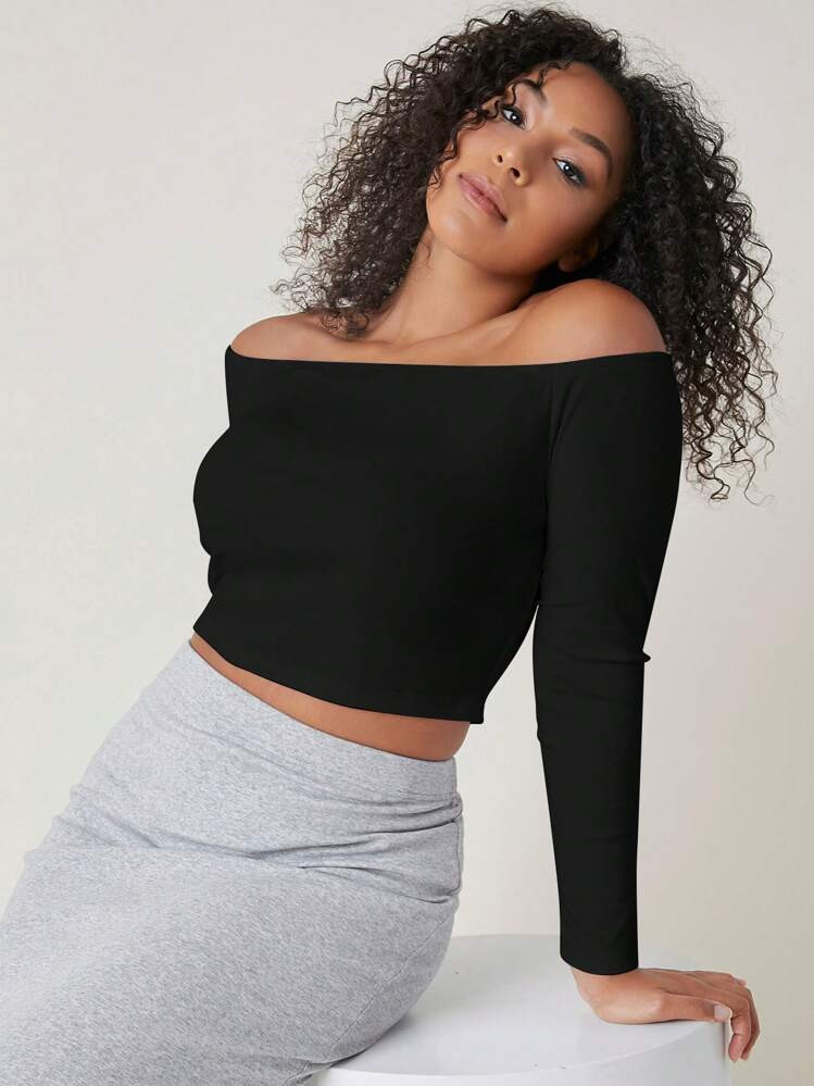 SHEIN BASICS Plus Solid Off Shoulder Crop Tee | SHEIN