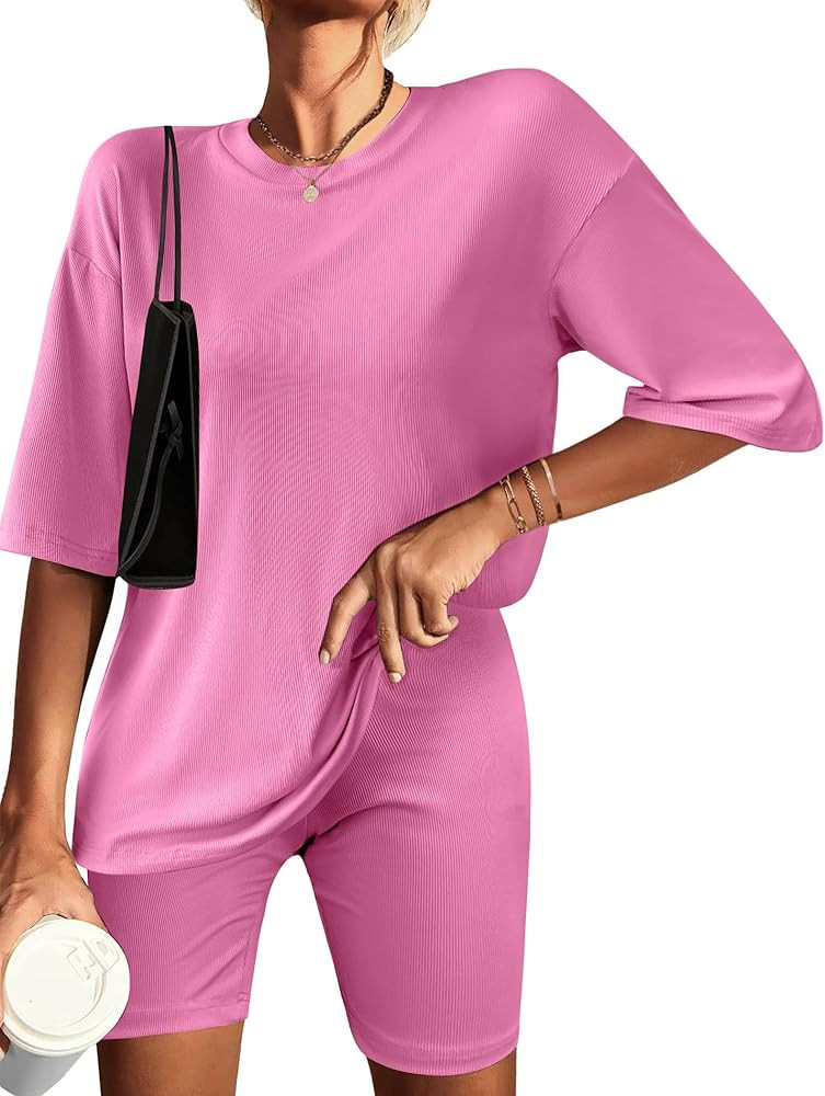 Ekouaer Womens Pajamas 2 Piece Lounge Sets Ribbed Knit Matching T-shirt Biker Shorts Outfits Slee... | Amazon (US)