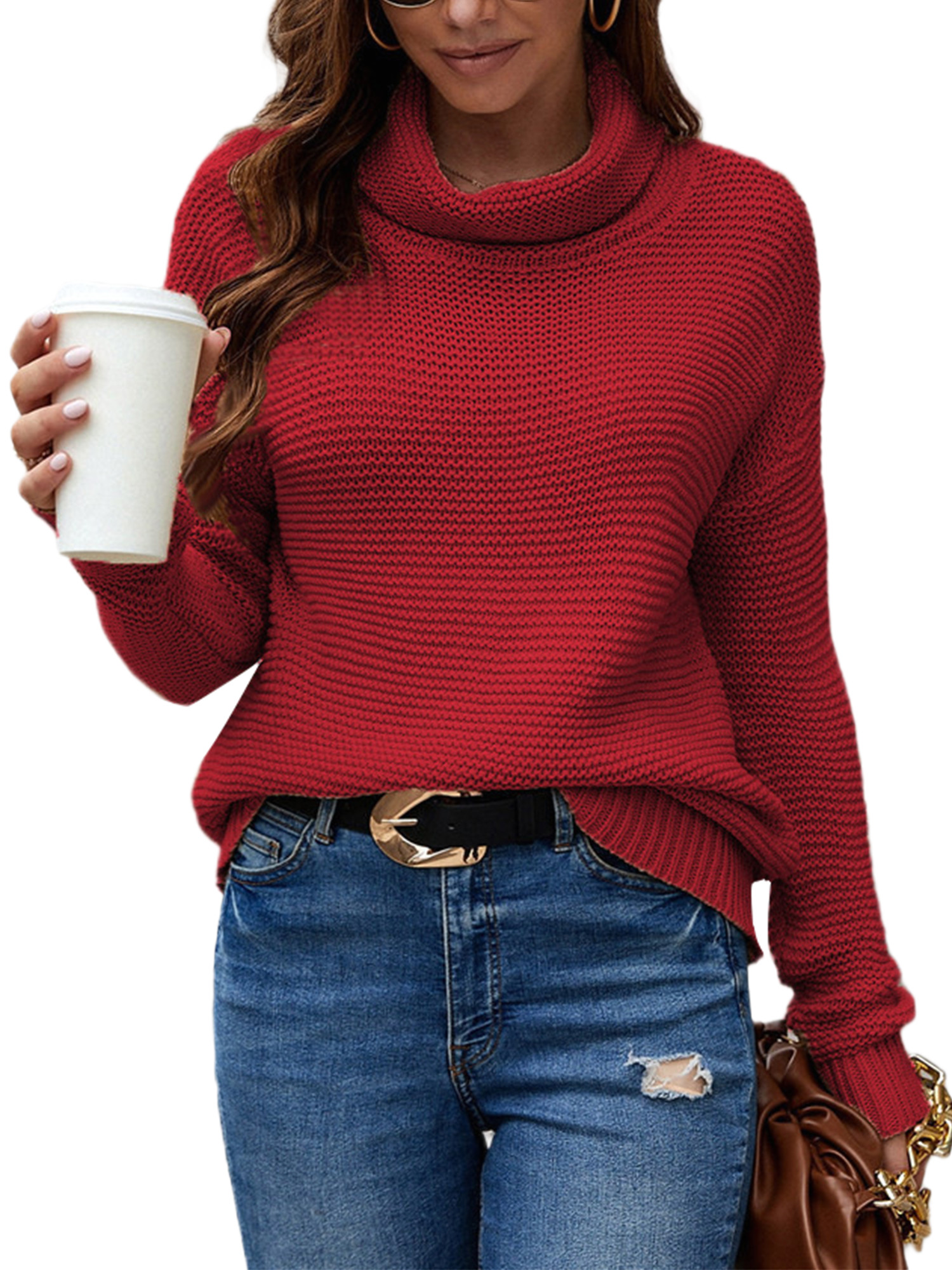Frontwalk Women Knitted Sweaters High Neck Jumper Tops Long Sleeve Sweater Travel Casual Pullover... | Walmart (US)