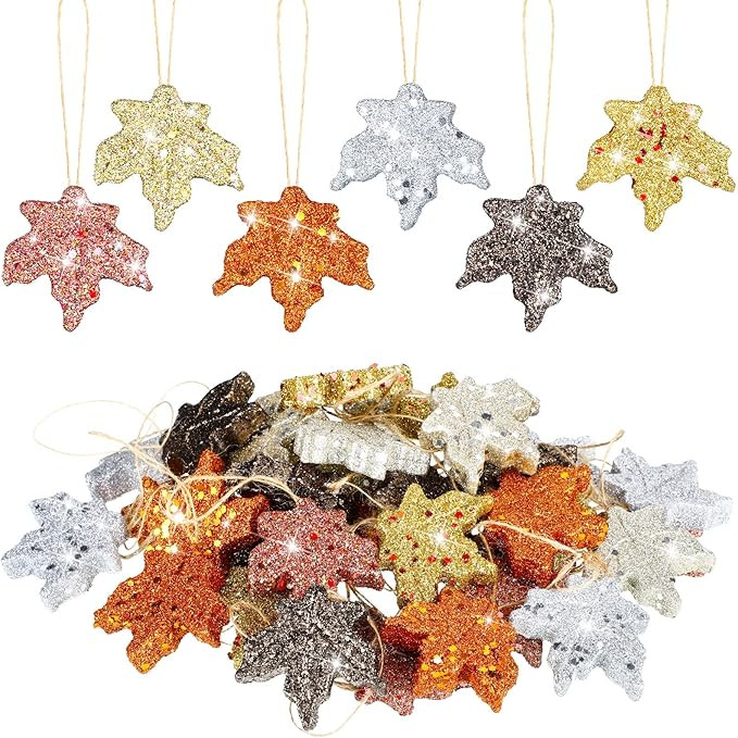 Xinnun 36 Pcs Thanksgiving Fall Glitter Maple Leaves Mini Hanging Fall Leaves Artificial Colorful... | Amazon (US)