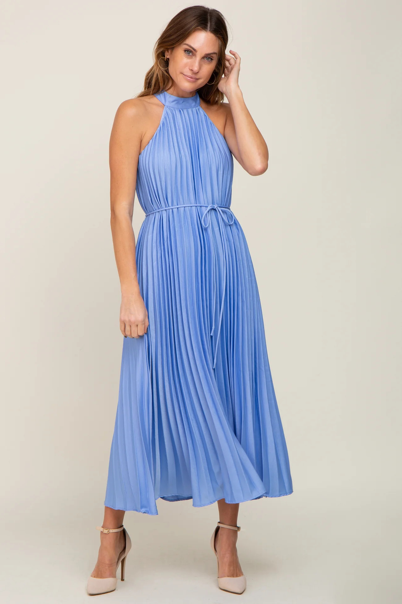 Light Blue Pleated Halter Dress | PinkBlush Maternity