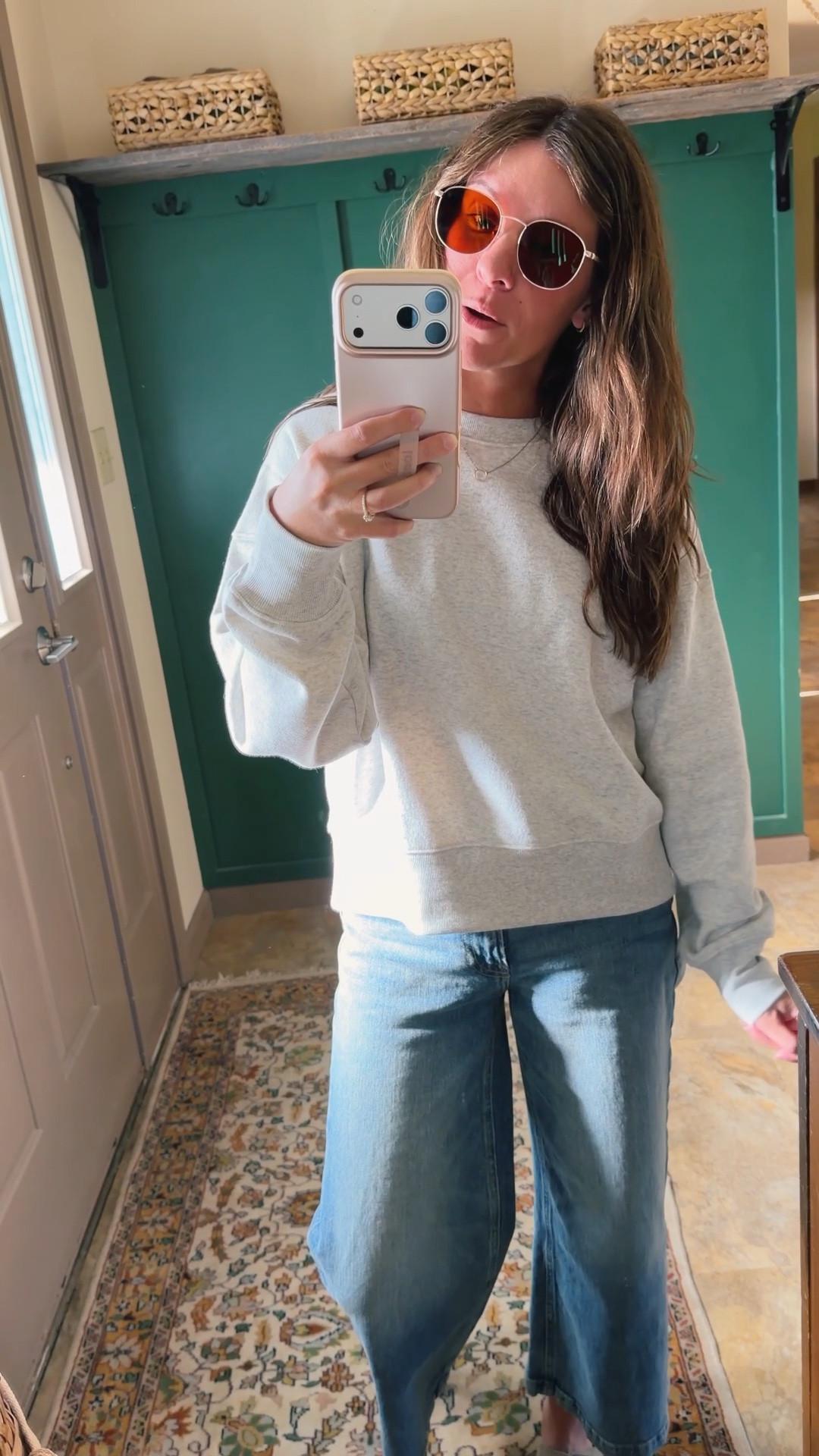 Easy early fall look with a grey crewneck sweatshirt and wide leg jeans! 

Xs in my crewneck sweatshirt, 24 short/petite in my jeans and 36 in my sandals 🫶🏽

#LTKPetite #LTKmorningroutine #LTKmomlife