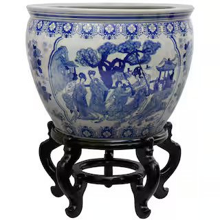 Oriental Furniture 12 in. Ladies Blue and White Porcelain Fishbowl BW-12FISH-BWLD | The Home Depot