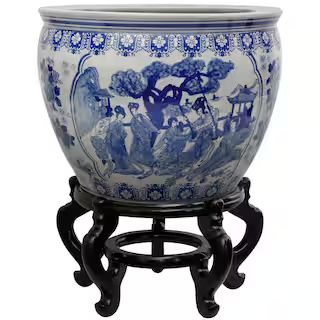 Oriental Furniture 12 in. Ladies Blue and White Porcelain Fishbowl BW-12FISH-BWLD | The Home Depot
