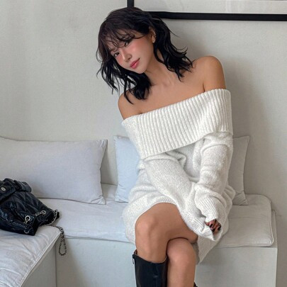 Women's Solid Off-Shoulder Long Sleeve Minimalist Sweater Dress, Short Style Off Shoulder | SHEIN