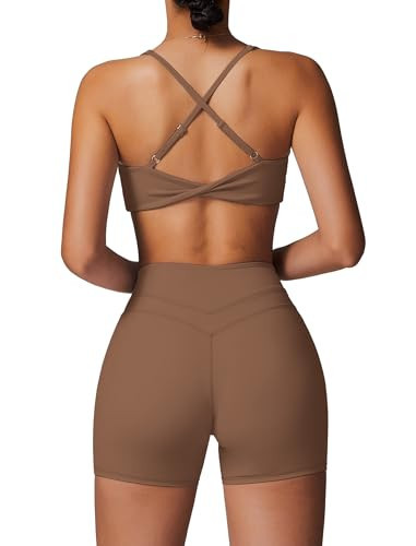 ABOCIW Workout Sets for Women 2 Piece V Neck Twist Back Sports Bra High Waist Biker Shorts Gym Yoga Pilates Outfits Brown X-Large | Amazon (US)