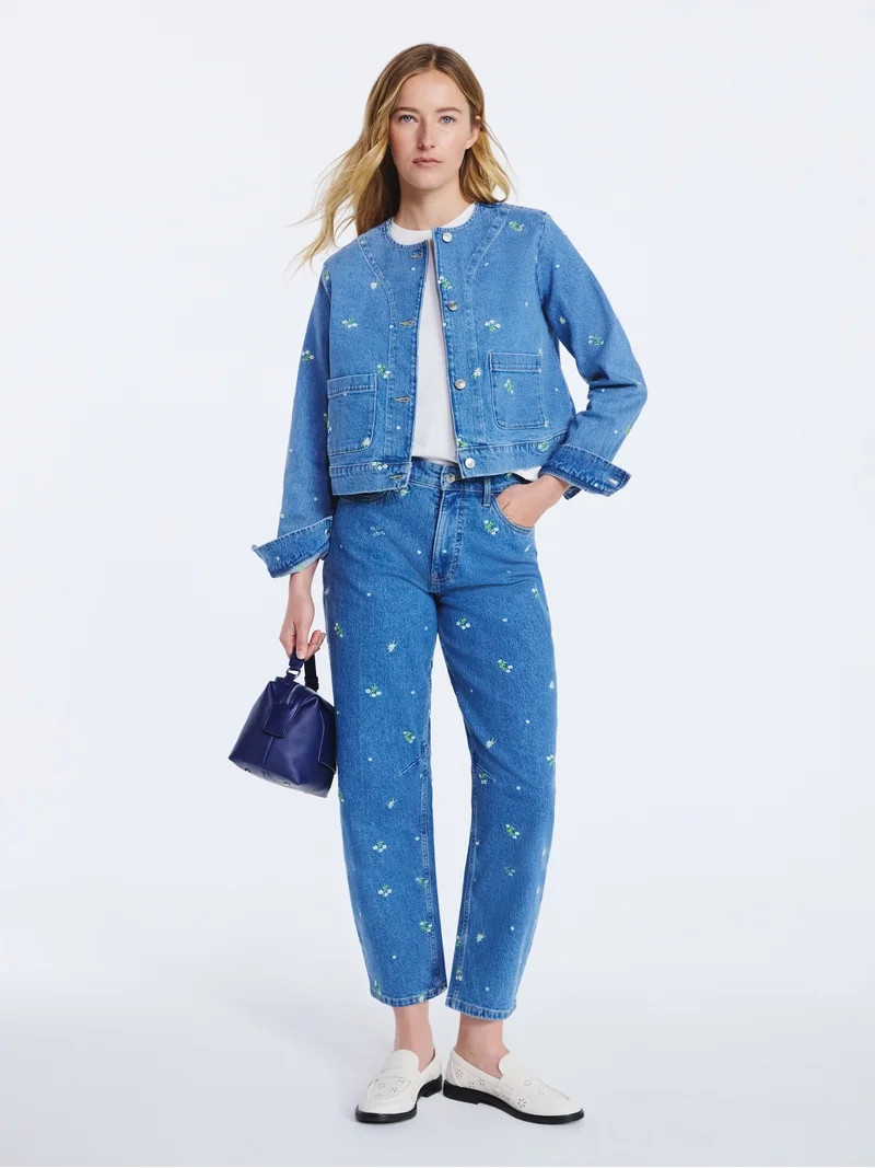 Free Assembly Women's and Women's Plus Embroidered Mid Rise Cropped Barrel Jeans, Sizes 0-26W | Walmart (US)