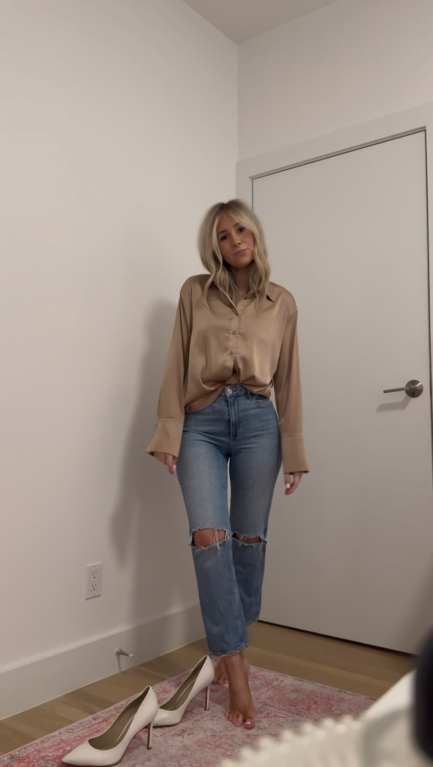 always feel like Morgan Stewart in a white pump 

zara style | silk button down | silk top | mother denim | sam edelman heels | neutral style | outfit inspo | outfit of the night | date night outfit | neutral outfit | 