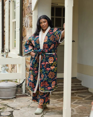 Organic Flannel Reversible Lightweight Flannel Quilted Robe in Turkey Trot | Women's S/M | Navy | | Sleepwear | Printfresh