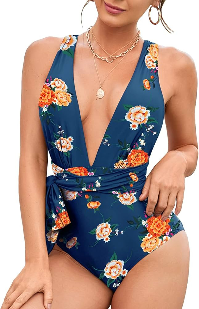 MOLYBELL Women One Piece White Swimsuits, High Waitsted Ribbed Plunge Bathing Suit for Tummy Control | Amazon (US)