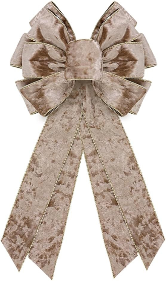 Christmas Wreath Bow 20 x 11 Inches Large Christmas Bows Golden Trimmed Champagne Velvet Bow Wint... | Amazon (US)