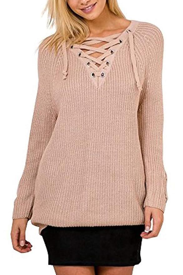 BOBIBI Women's Lace Up Front V Neck Long Sleeve Knit Pullover Sweater Mini Dress Top | Amazon (US)