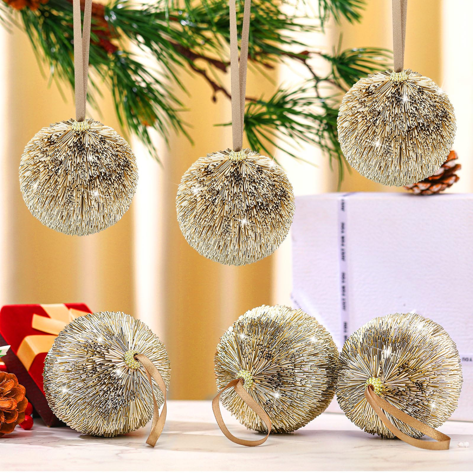 6 Pcs 4" Large Christmas Ball Ornaments for Trees Pipa Champagne Gold Shatterproof Ornaments Christmas Tree Glitter Sequin Balls for Xmas Party Decor | Amazon (US)